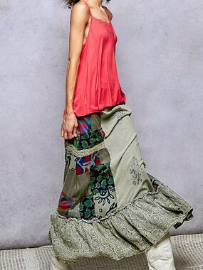 ❤️Hello Gorgeous! POL Printed Patchwork Embroidered Ruffled Skirt- Sage Multi